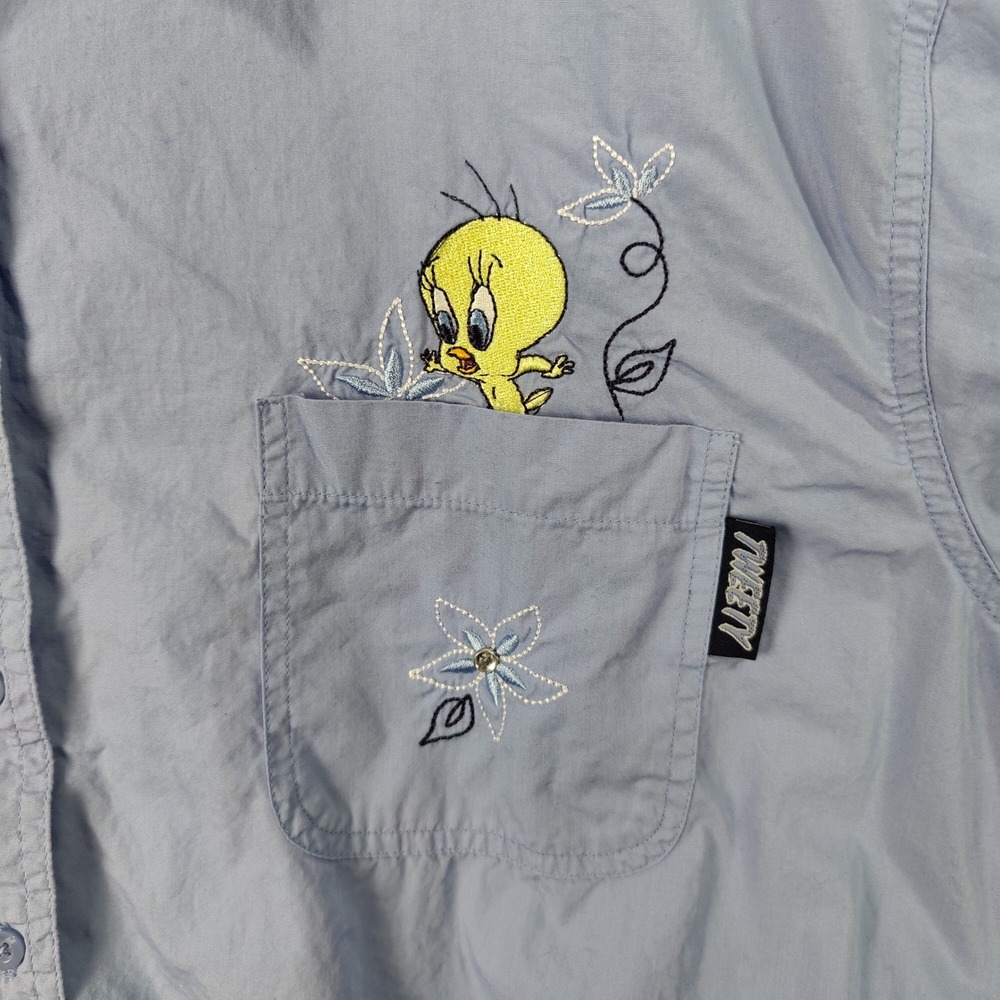 VINTAGE Looney Tunes Tweety Bird Embroidered Button Shirt Womens 24W Blue Cotton - Picture 8 of 11